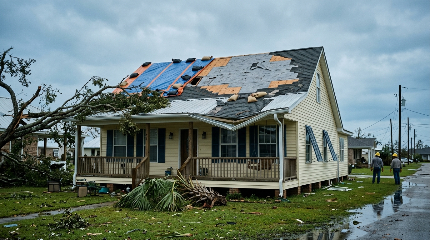 Example: partial shingle loss + tarped roof + downed limbs