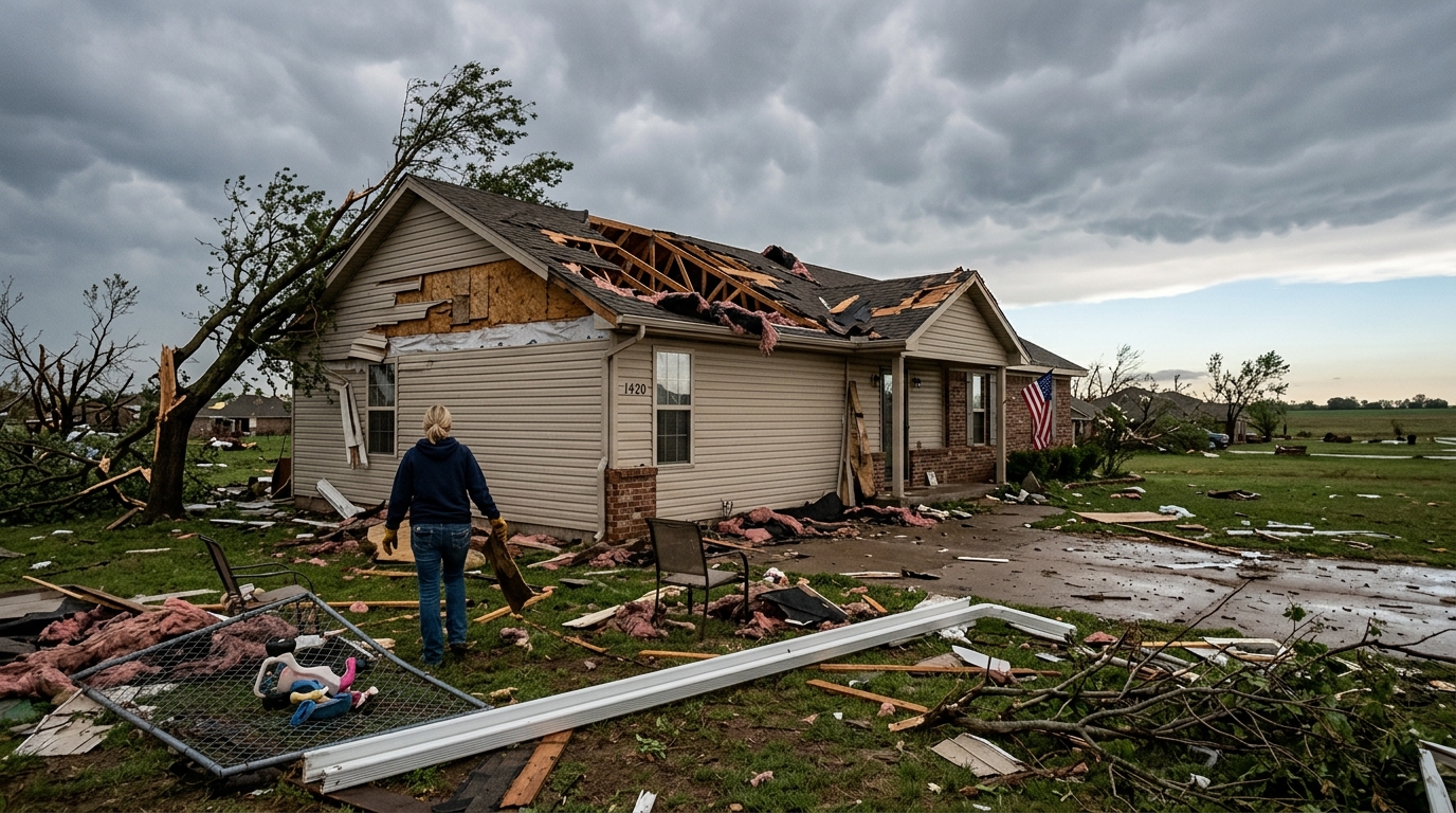 Example: roof + siding stripped, exposed truss damage