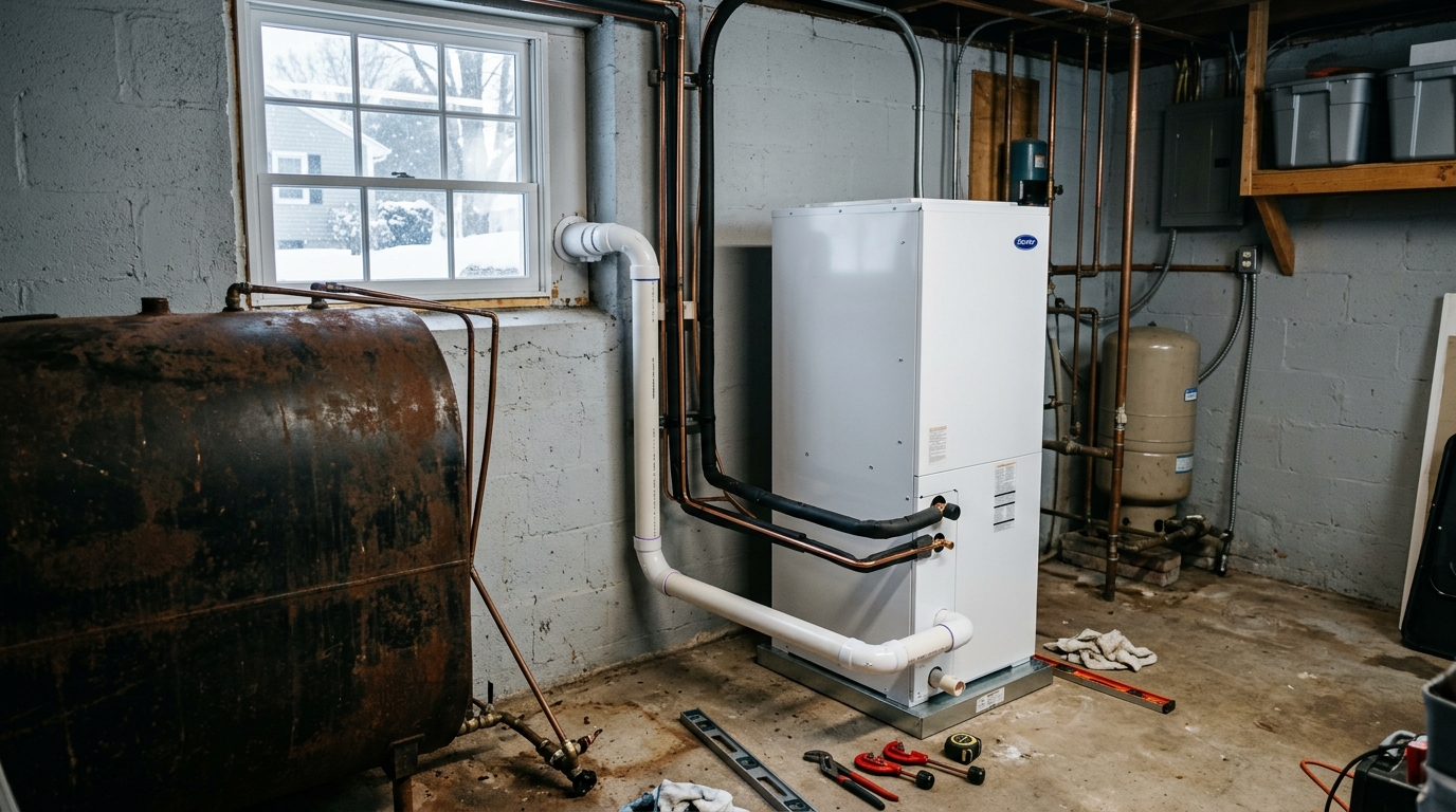 Furnace Cost in Massachusetts 2026 — Oil-to-Heat-Pump Conversion Math + Mass Save 75-100% Stack